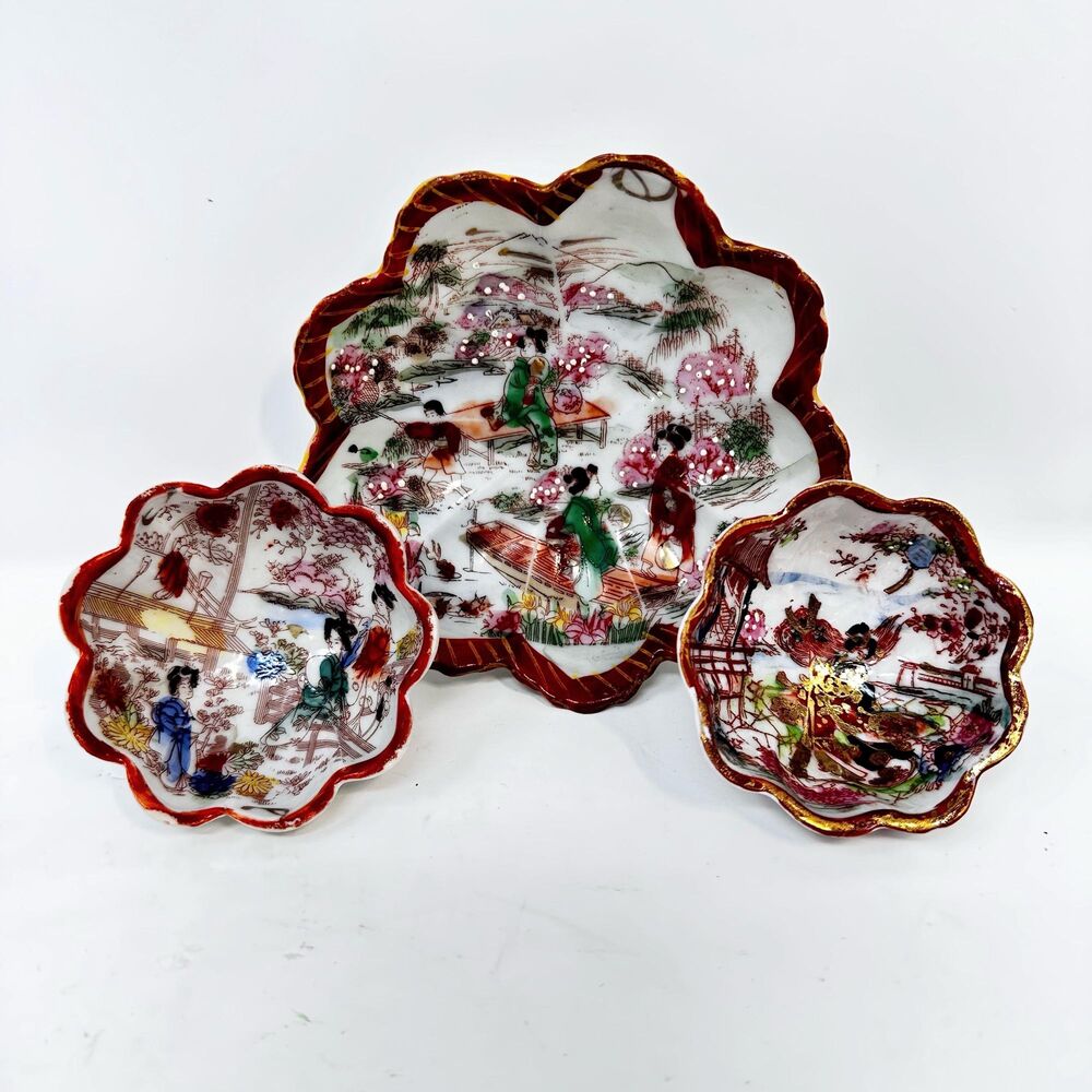 Japanese Kutani Geisha Porcelain Bowls Scalloped Hand Painted Set of 3 Vintage